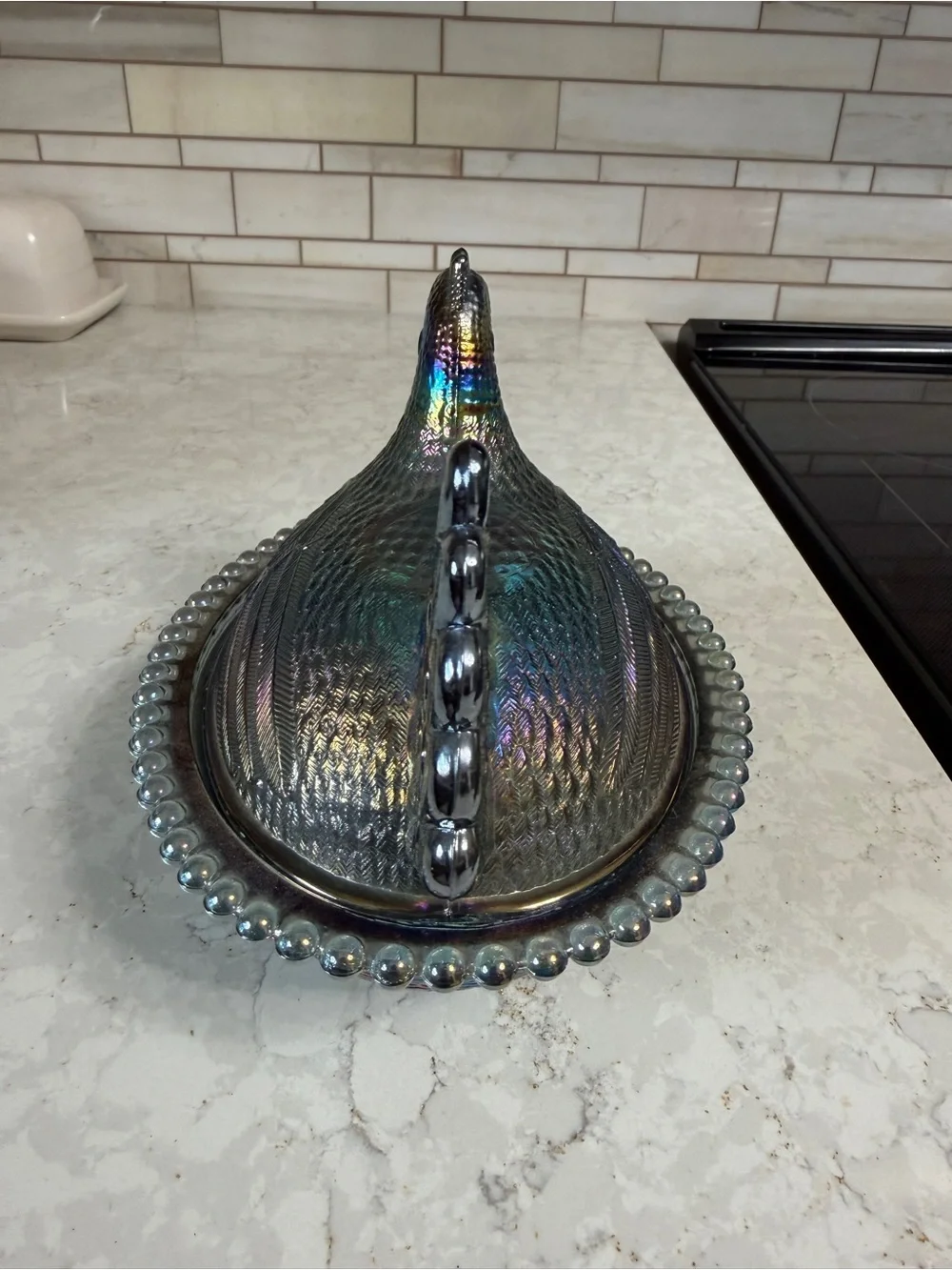 Iridescent Carnival Glass Hen on Nest Covered Dish - Blue-Green
